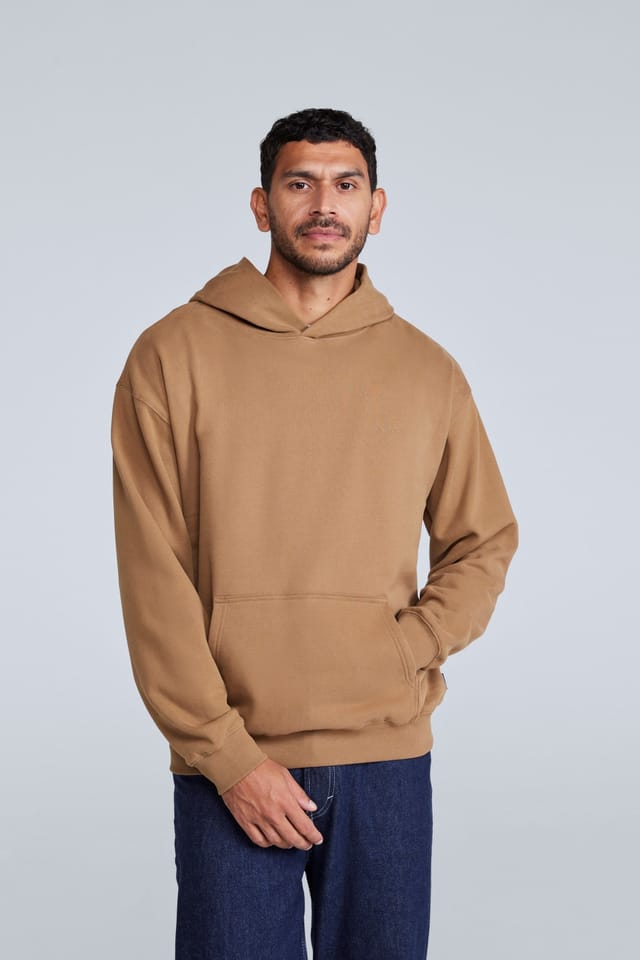 Animal Animal Men's 'Icon' Logo Print Kangaroo Pocket Cotton Snug Fit Drop Shoulder Hoody in Tan - 2