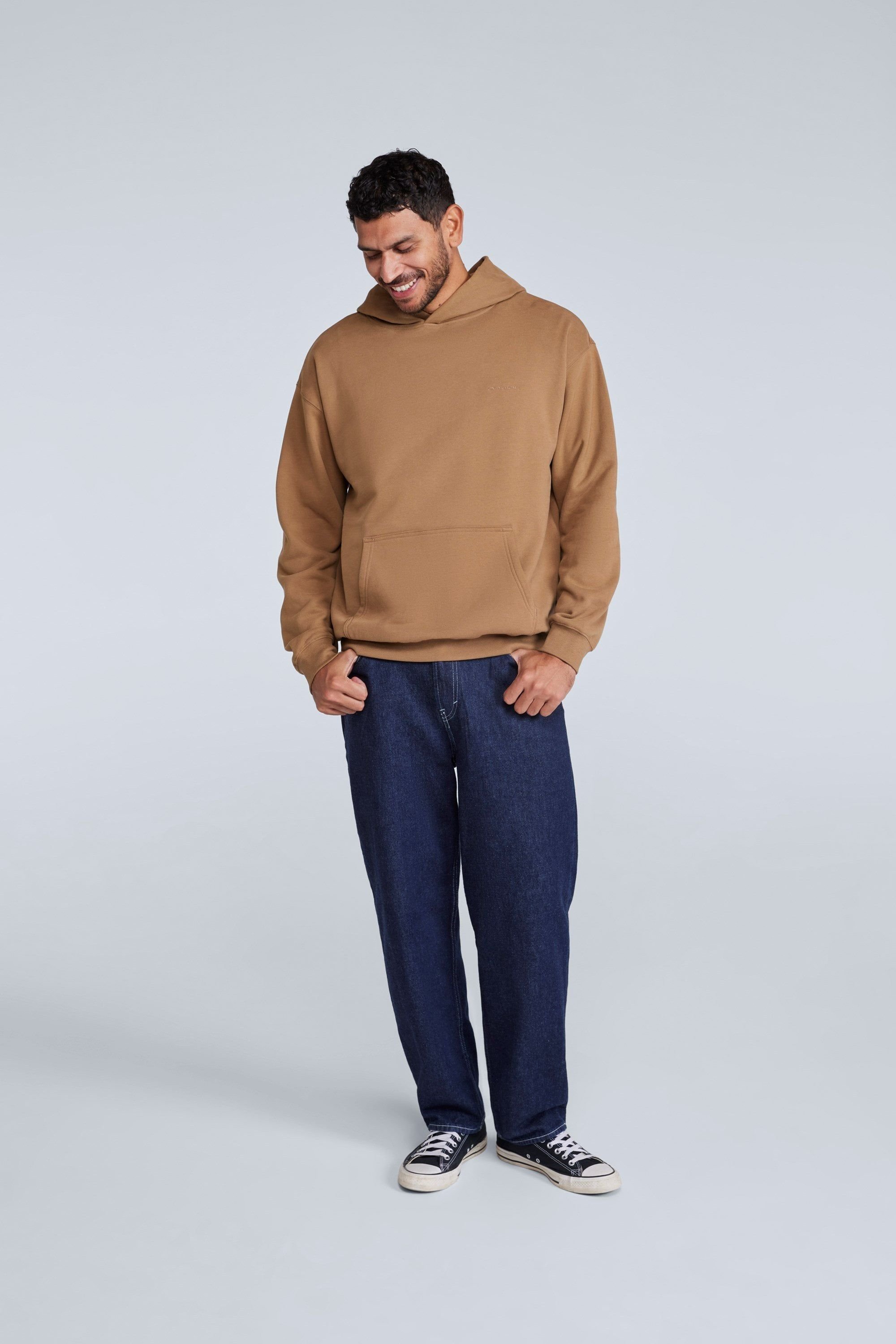 Animal Animal Men's 'Icon' Logo Print Kangaroo Pocket Cotton Snug Fit Drop Shoulder Hoody in Tan - 3