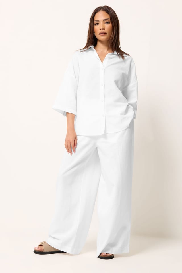 PixieGirl PixieGirl Women's Petite Linen Shirt & Wide Leg Trousers Set in White - 3