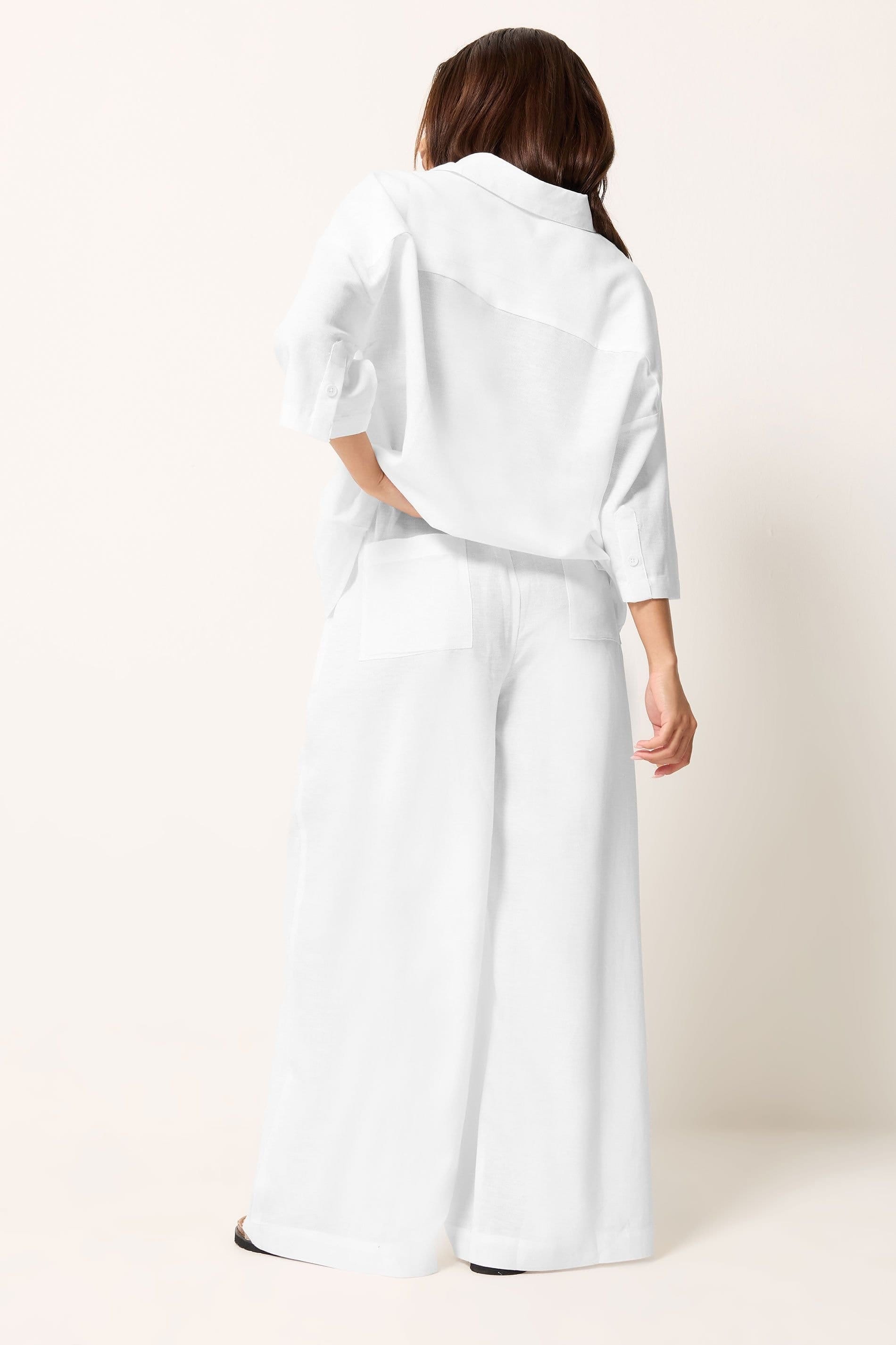 PixieGirl PixieGirl Women's Petite Linen Shirt & Wide Leg Trousers Set in White - 4