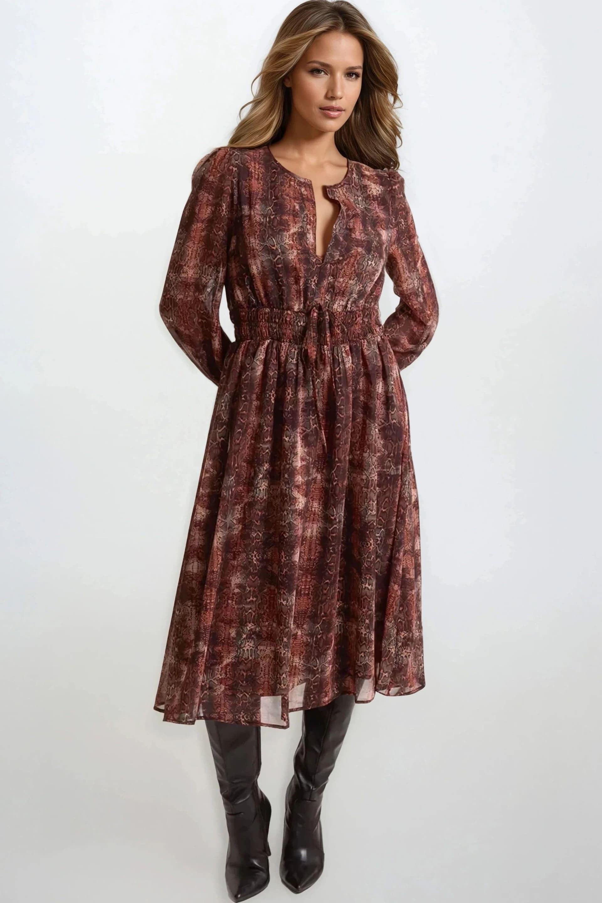 Aftershock London Aftershock London Women's Snake Print Long Sleeve Midi Dress in Brown
