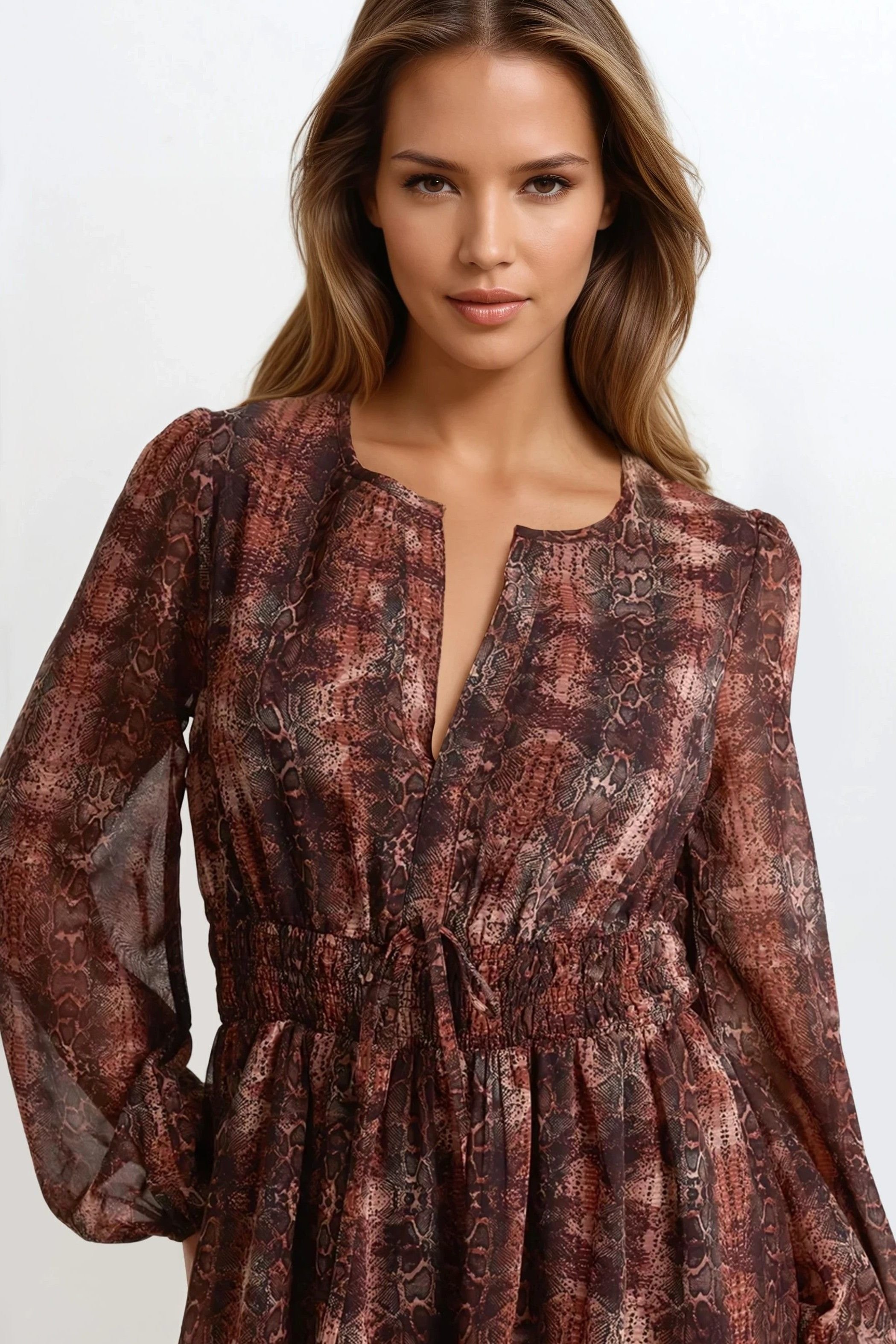 Aftershock London Aftershock London Women's Snake Print Long Sleeve Midi Dress in Brown - 2