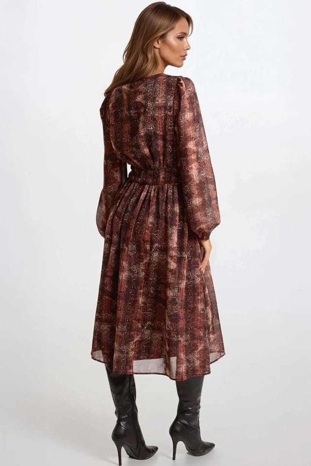 Aftershock London Aftershock London Women's Snake Print Long Sleeve Midi Dress in Brown - 3