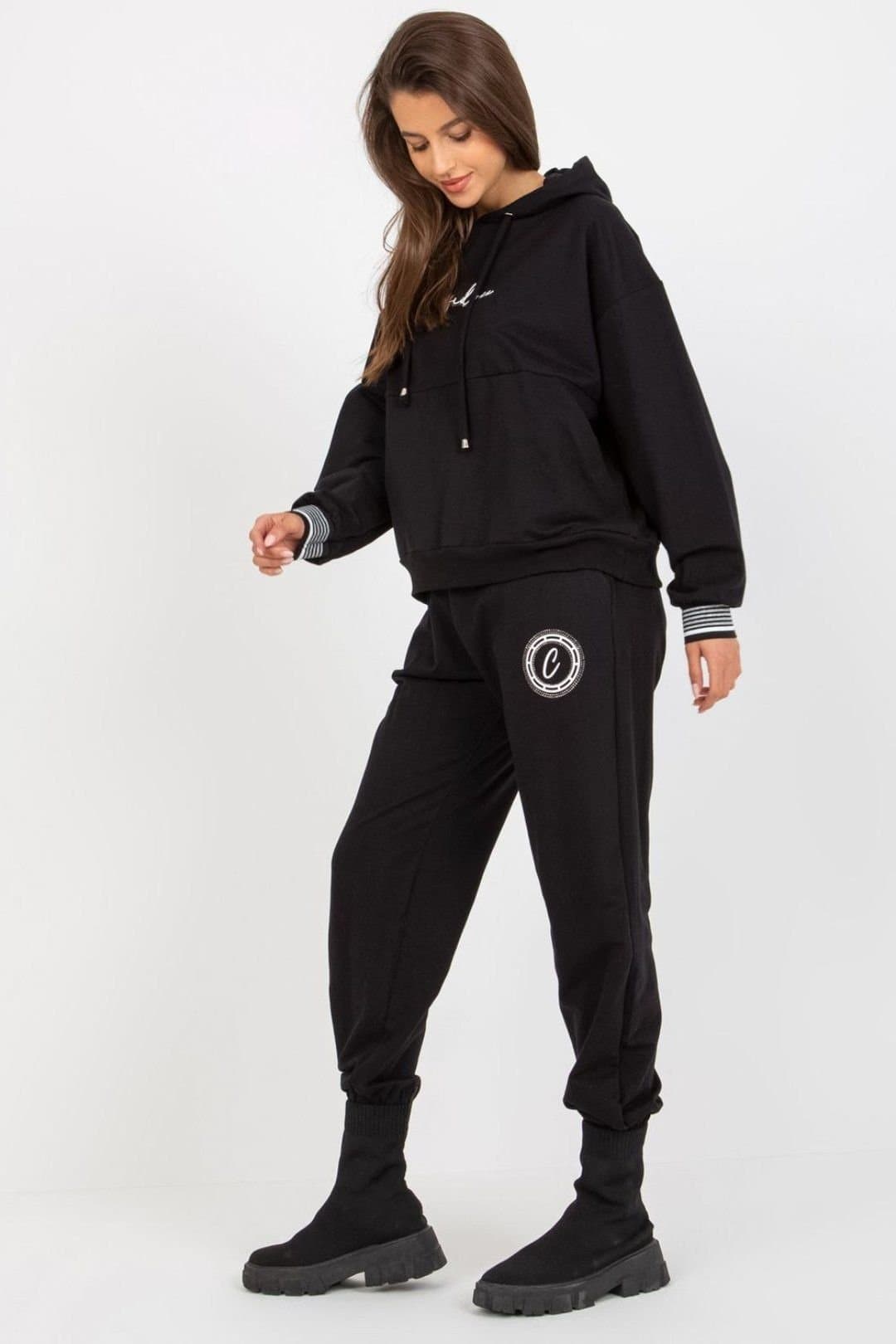 Love Lace Love Lace Women's Hooded Sweatshirt & Tie Waist Pants Set Style 172718 in Black