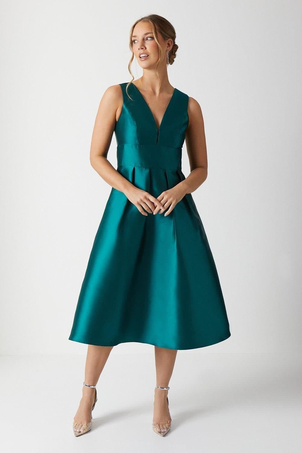 Coast Coast Women's Plunge Neck Structured Twill Midi Bridesmaid Dress in Emerald