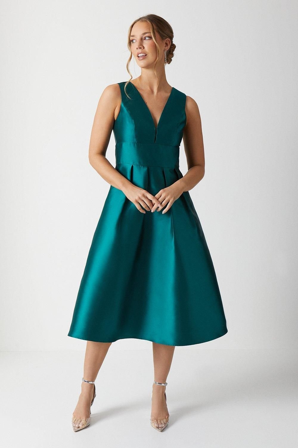 Coast Coast Women's Plunge Neck Structured Twill Midi Bridesmaid Dress in Emerald - 2