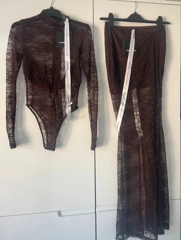 Wanderdoll Britney High Neck Lace Bodysuit With Maxi Skirt In
