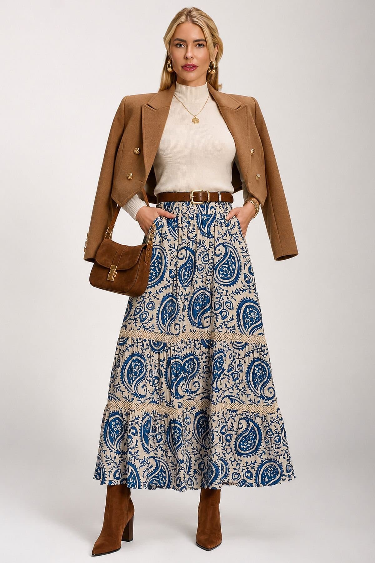 Jolie Moi Jolie Moi Women's Lace Trim Tiered Maxi Skirt in Bright Blue