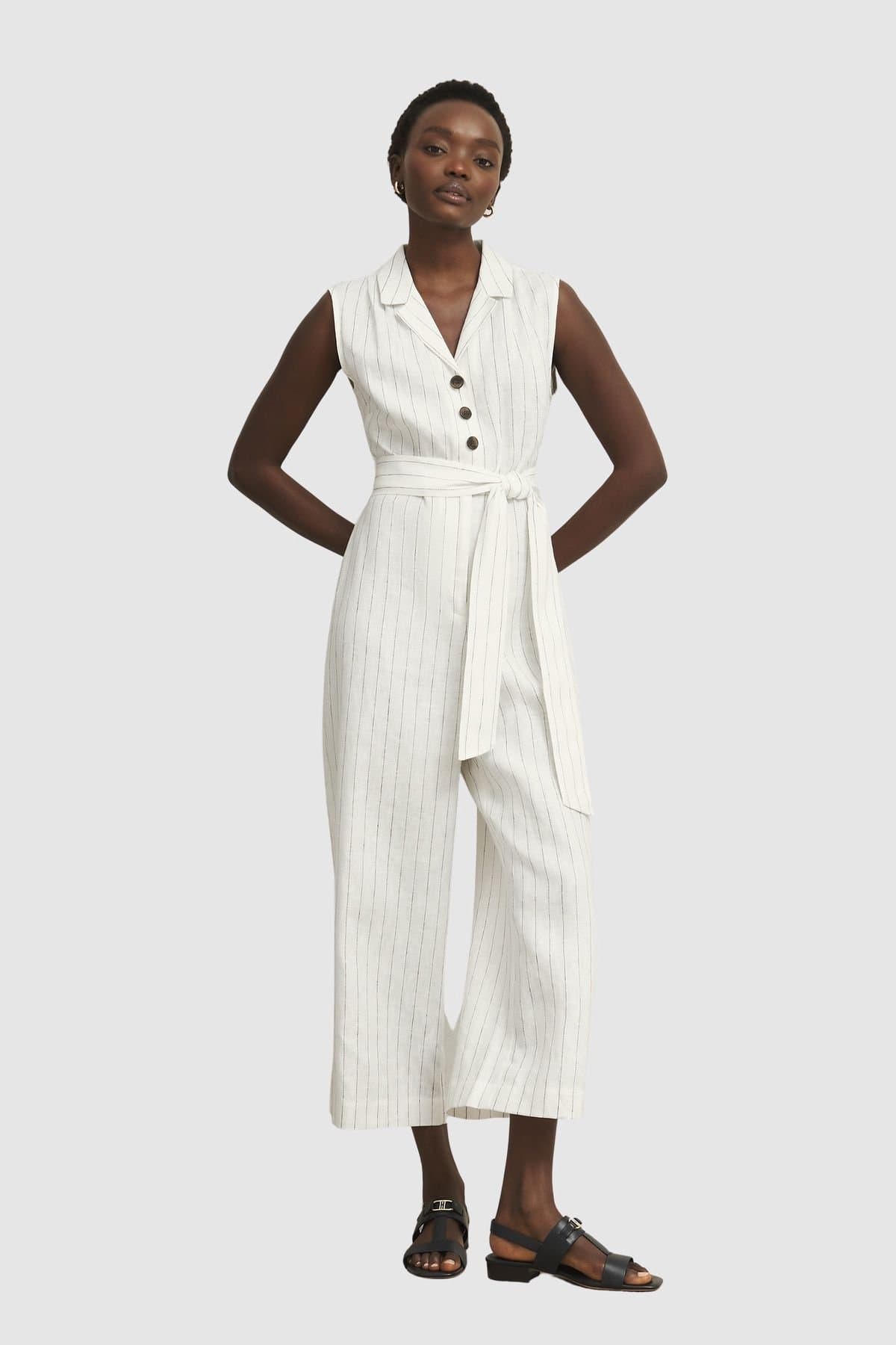 Hobbs London Hobbs London Women's Destiny Linen Pinstripe Cropped Jumpsuit in Natural White