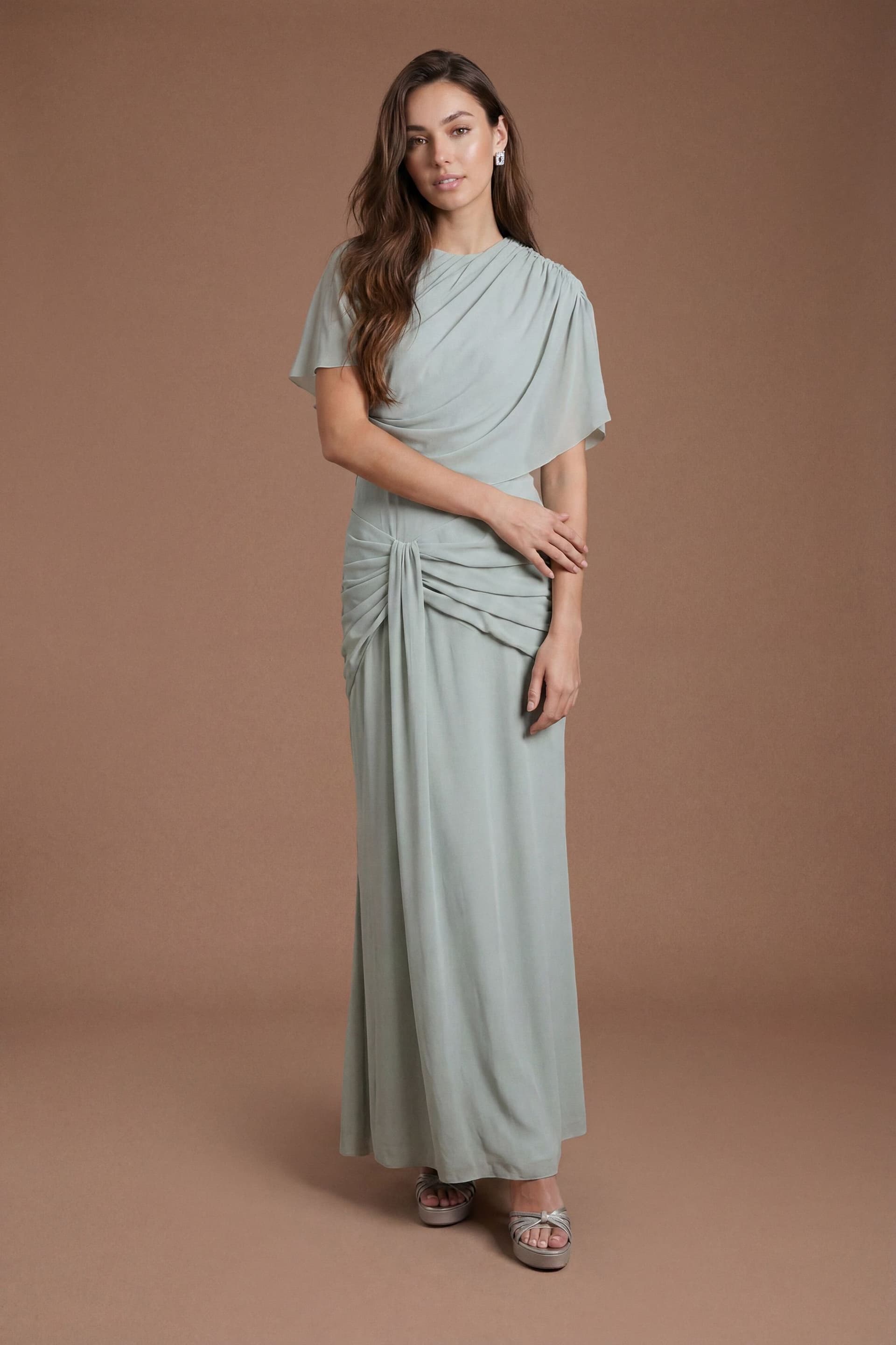 Coast Coast Women's Twist Cape Sleeve Contour Collective Bridesmaid Dress in Sage