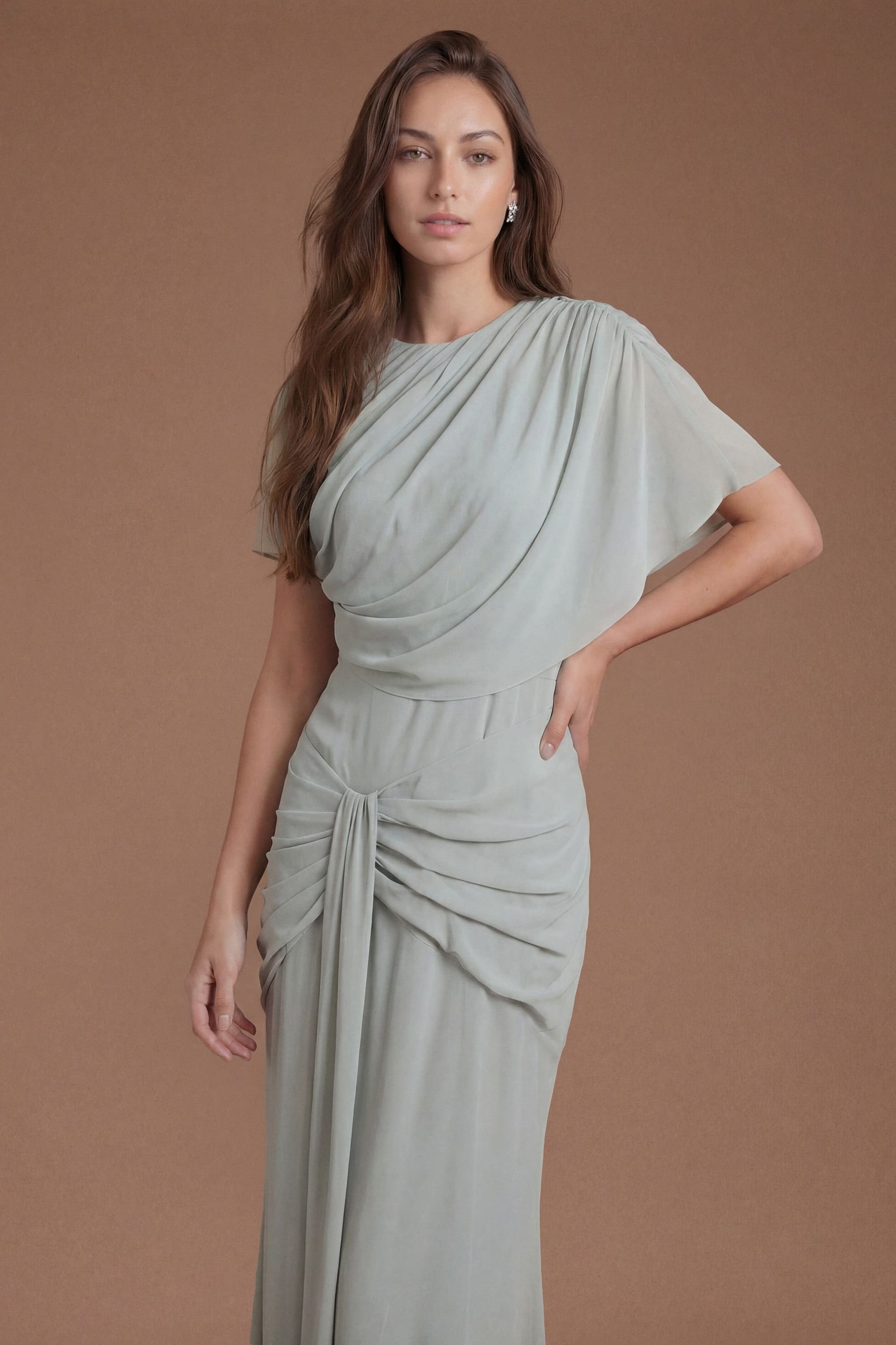 Coast Coast Women's Twist Cape Sleeve Contour Collective Bridesmaid Dress in Sage - 4