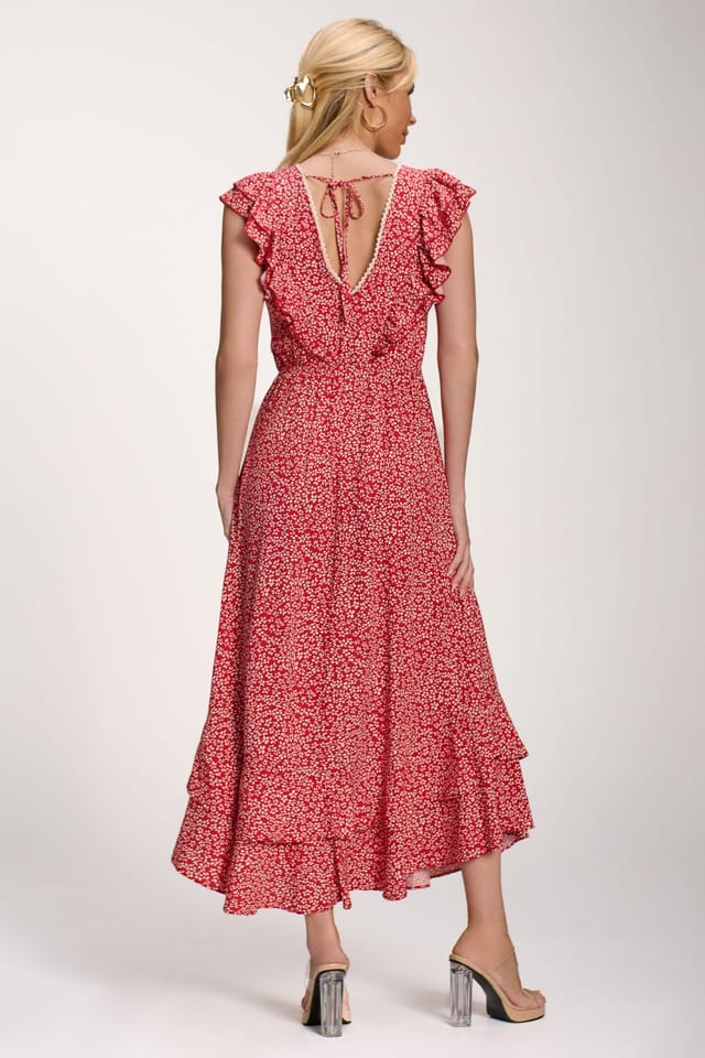 Jolie Moi Jolie Moi Women's Ruffle V-Neck Viscose Midi Dress in Red - 2