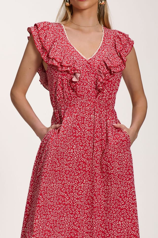 Jolie Moi Jolie Moi Women's Ruffle V-Neck Viscose Midi Dress in Red - 3