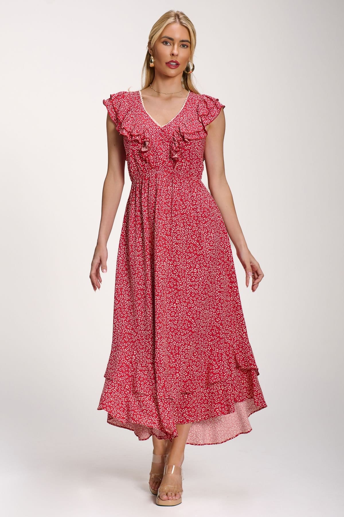 Jolie Moi Jolie Moi Women's Ruffle V-Neck Viscose Midi Dress in Red - 4