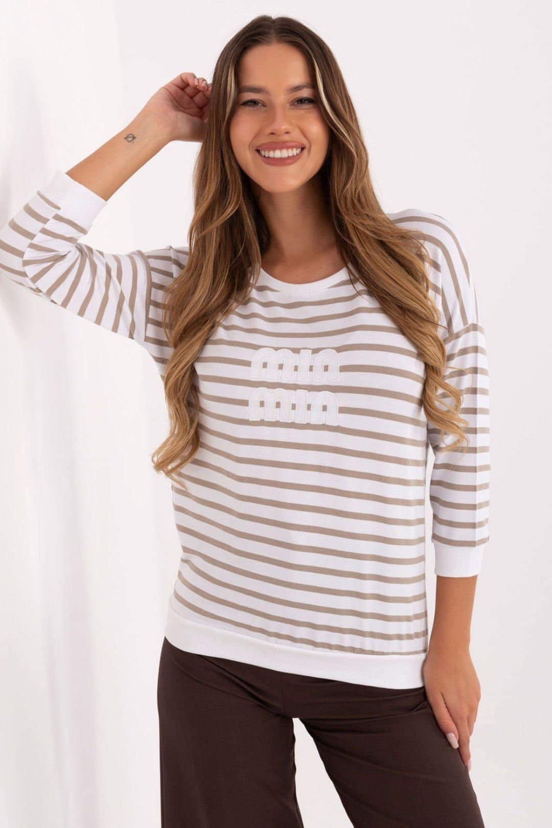 Love Lace Love Lace Women's Casual Micromodal Elastane Striped Blouse in Beige