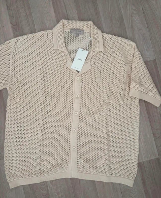 Club 1984 CLUB 1984 Beige Open Knit Button-Up Polo Shirt Textured Crochet Summer Knit Size S BNWT