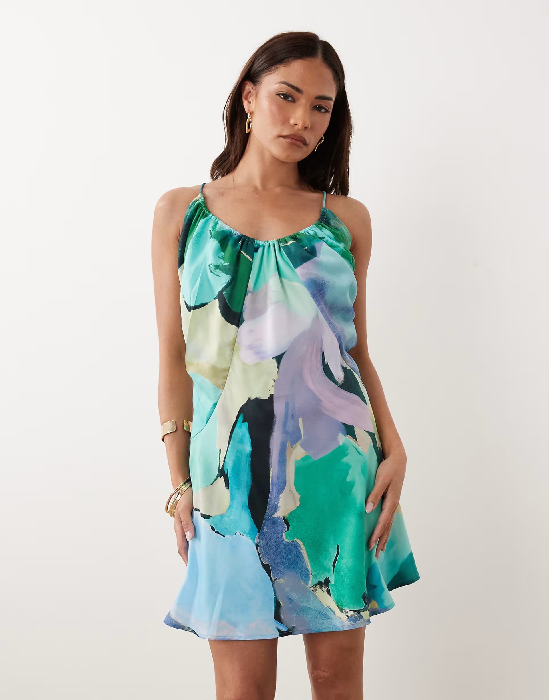 ASOS ASOS DESIGN Petite bias cut scoop neck low back satin mini dress in blue & red abstract floral