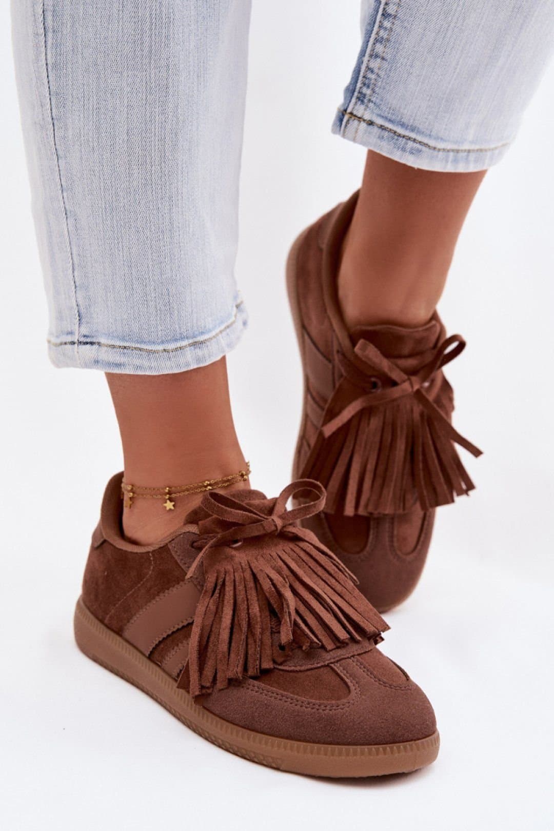 Love Lace Love Lace Women's Stylish Suede Sneakers with Removable Fringe & Foam Comfort in Brown