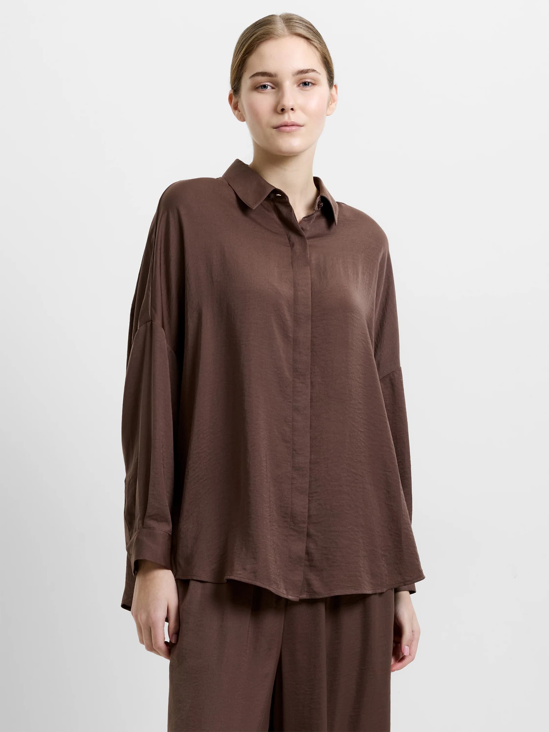 French Connection Damasco Air Flow Poly Long Sleeve Shirt Light Walnut Brown
