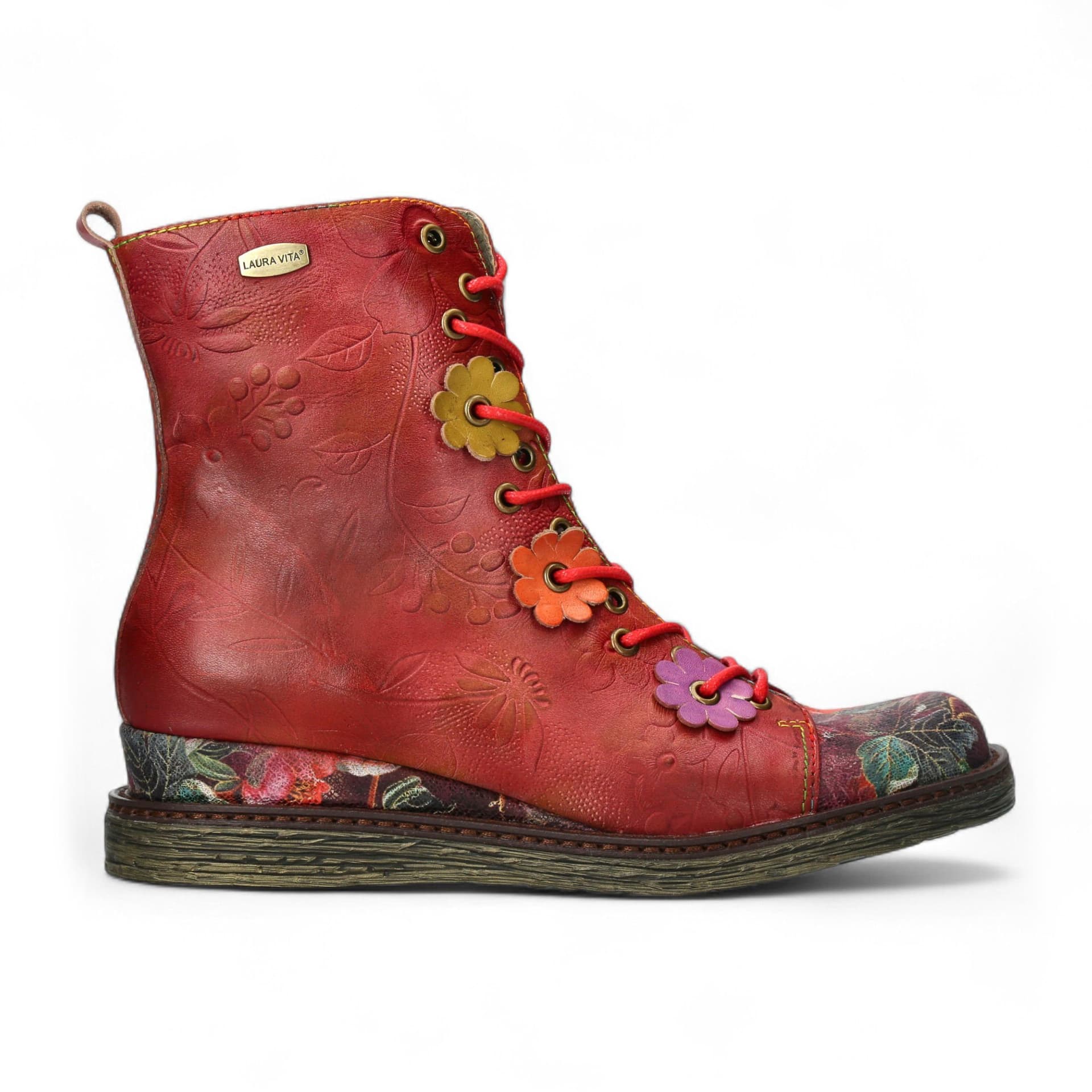 laura vita Laura Vita Women's Ercnaulto 212 Floral Gothic Victorian Leather Ankle Heeled Boots in Red