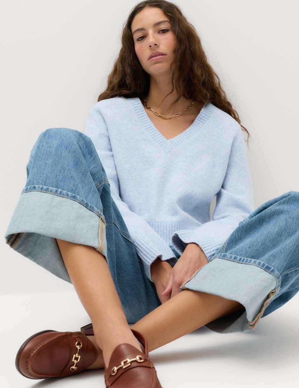 Marks & Spencer M&S V-Neck Relaxed Jumper With Wool Faded Blue