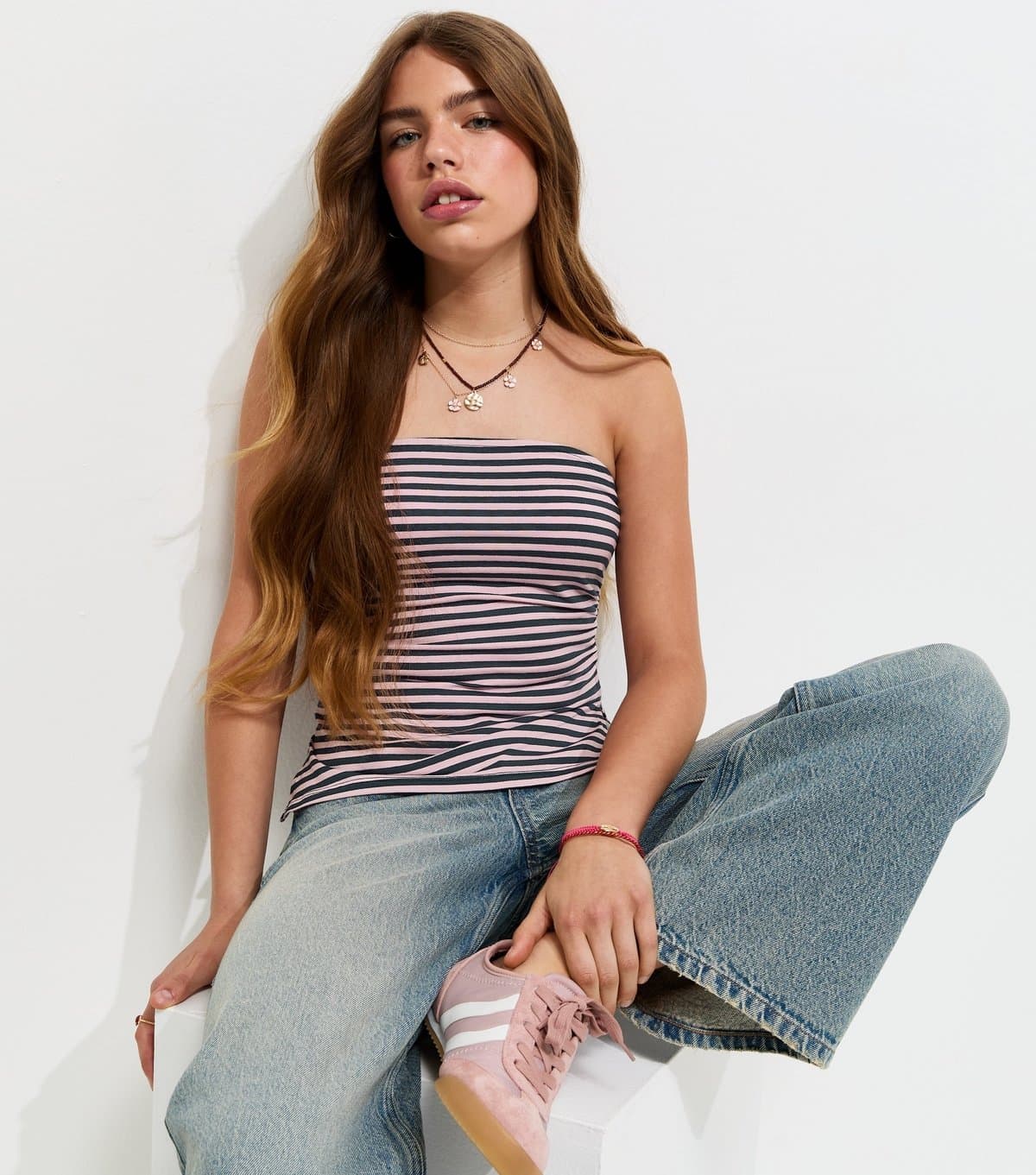 New Look Girls' Blue Cotton Rich Striped Ruched Side Bandeau Top New Look