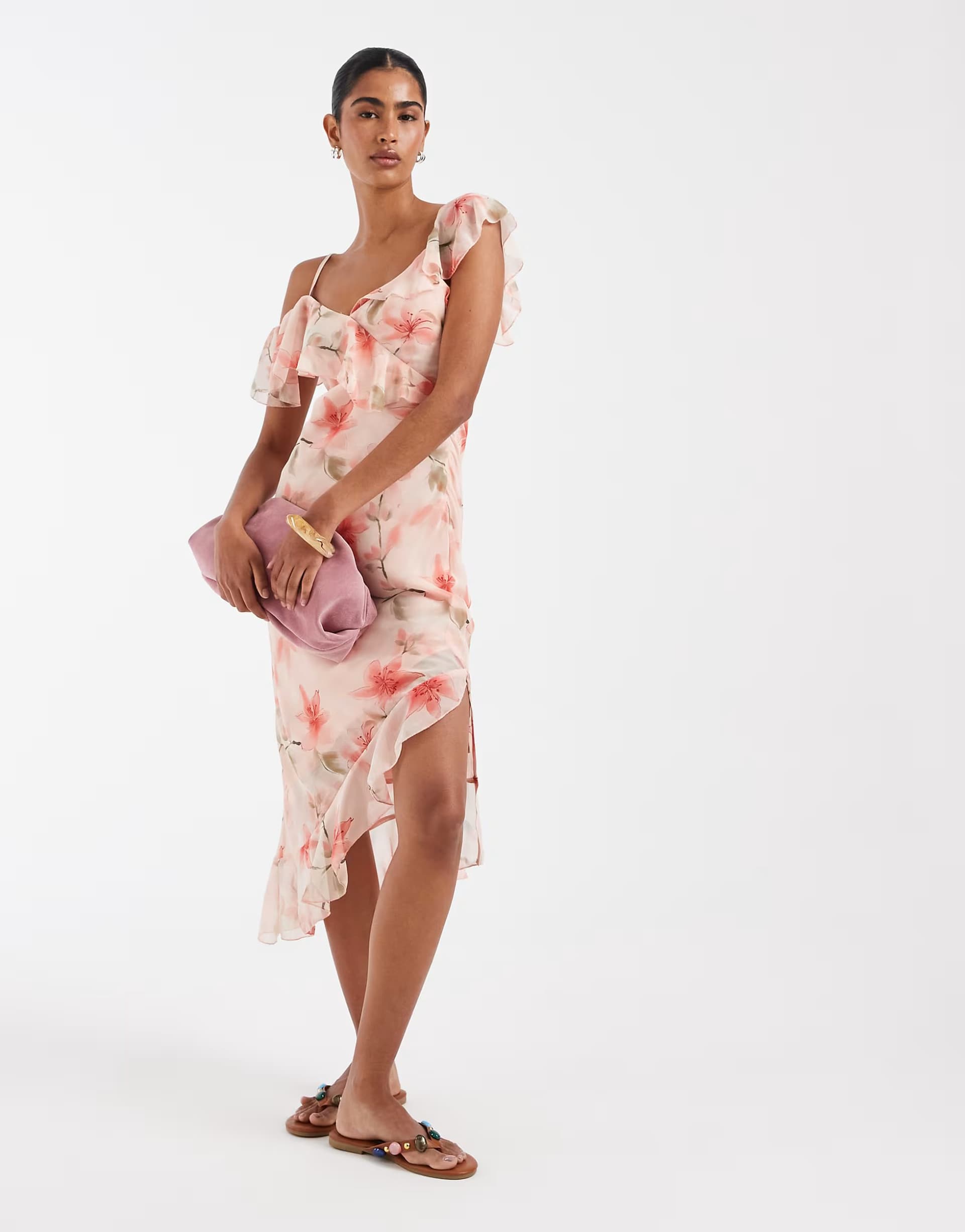 ASOS Kiss The Sky 90s Carrie frilly chiffon printed midi dress in coral