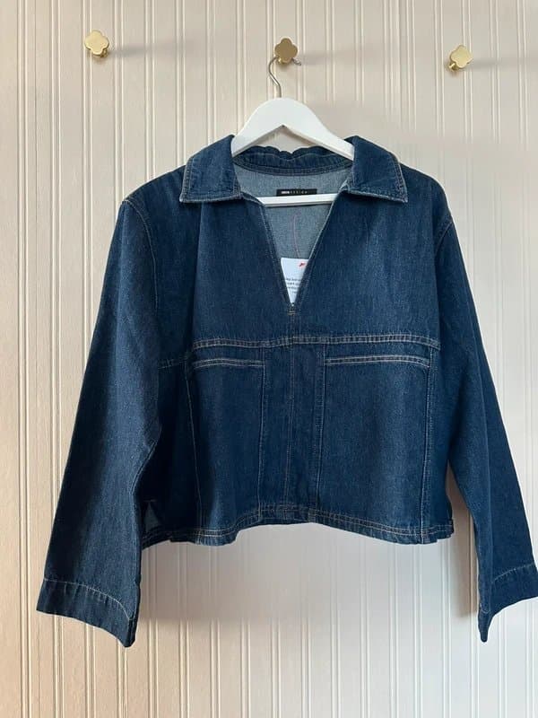 ASOS Asos denim cropped rugby top with front pockets