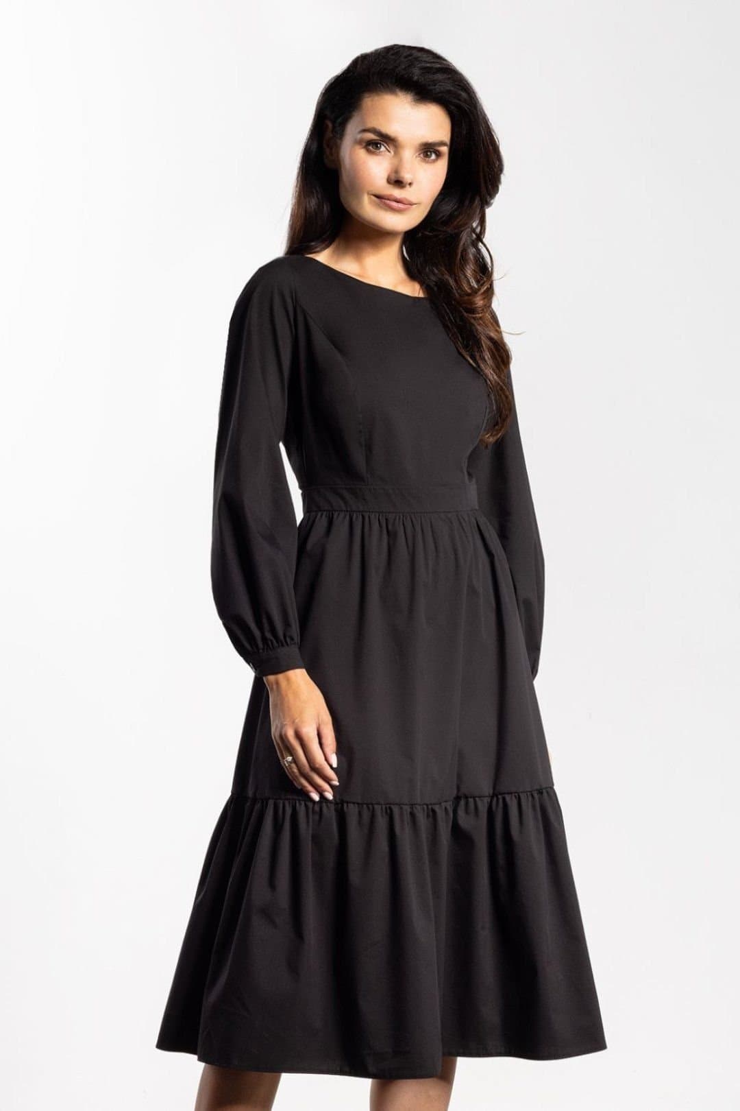 Love Lace Love Lace Women's Flared Midi Dress with Long Sleeves & Frill in Black