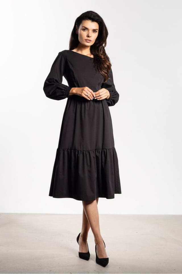 Love Lace Love Lace Women's Flared Midi Dress with Long Sleeves & Frill in Black - 2