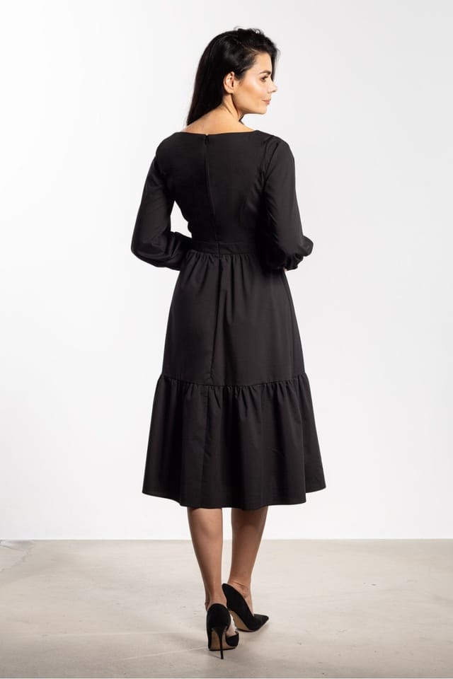 Love Lace Love Lace Women's Flared Midi Dress with Long Sleeves & Frill in Black - 3