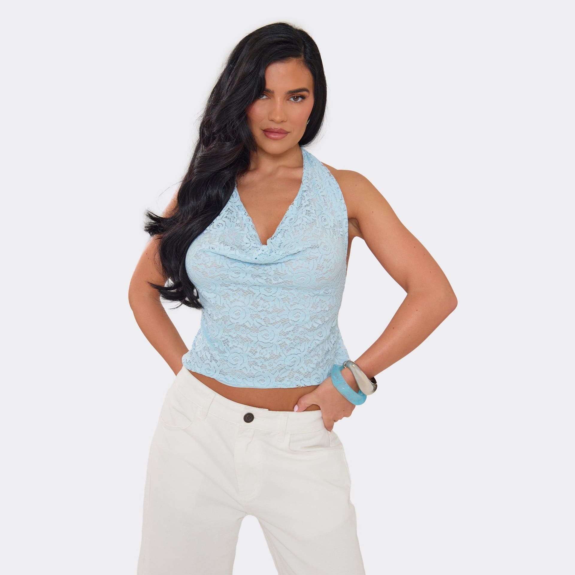 EGO EGO Blue Lace Cowl Halterneck Open Back Top, Women's