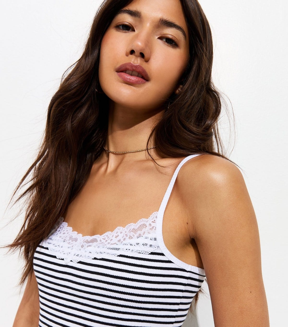 New Look White Cotton Rich Ribbed Striped Lace Trim Cami Top