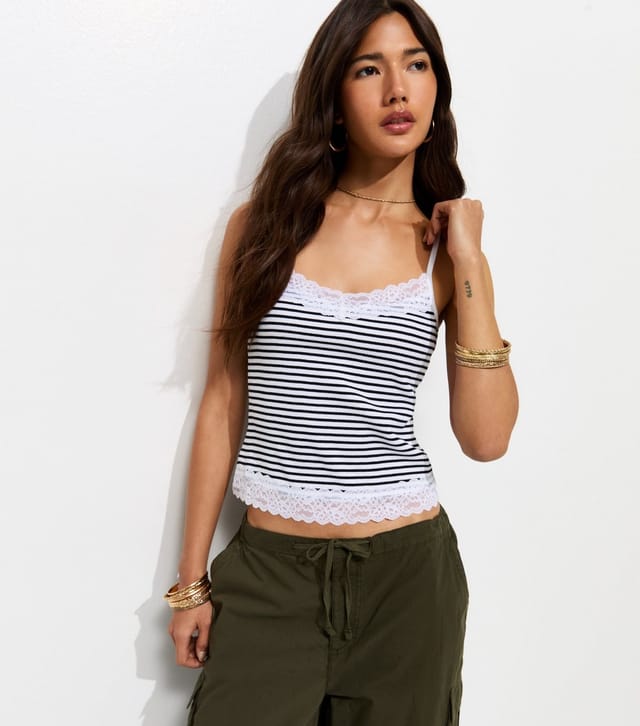 New Look Women's White Cotton Rich Ribbed Striped Lace Trim Cami Top New Look - 2