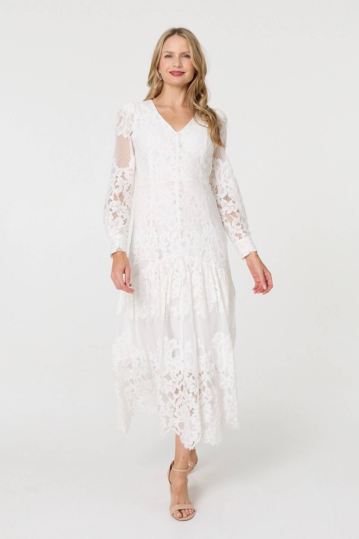 Izabel London Izabel London Women's Floral Lace Layer Long Sleeve Maxi Dress in White - 4