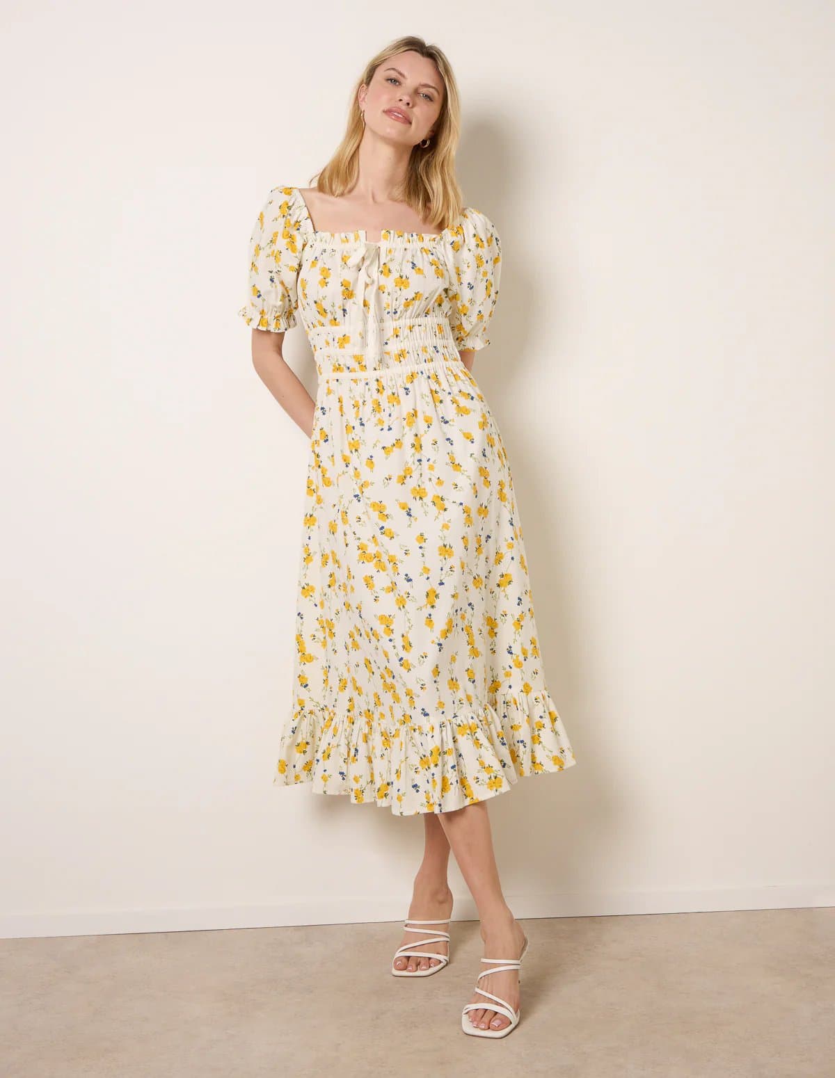 Blue Vanilla Ditsy Floral Poplin Milkmaid Midi Dress