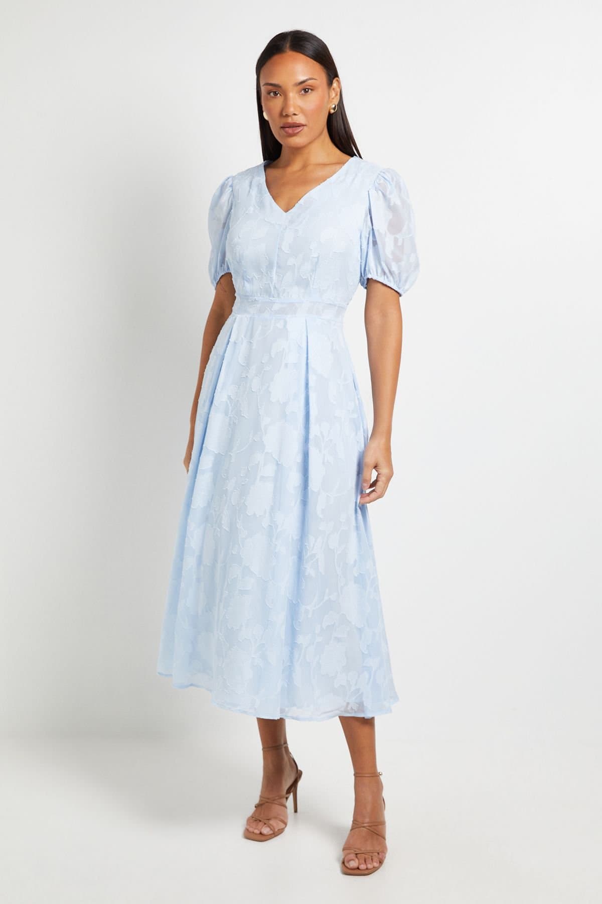 Principles Principles Women's Floral Jacquard Puff Sleeve Midi Dress in Light Blue