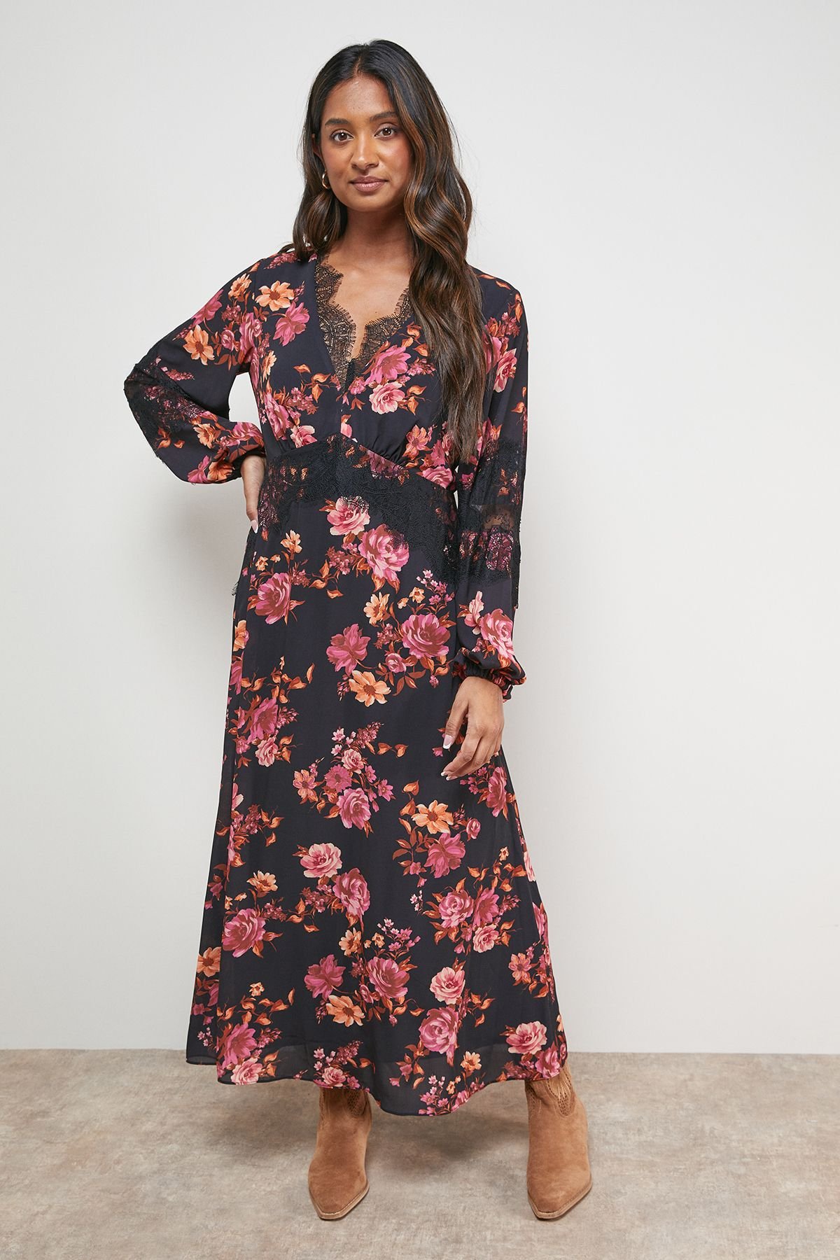 Oasis Oasis Women's Printed Lace Insert Bias Midi Dress in Floral - 2