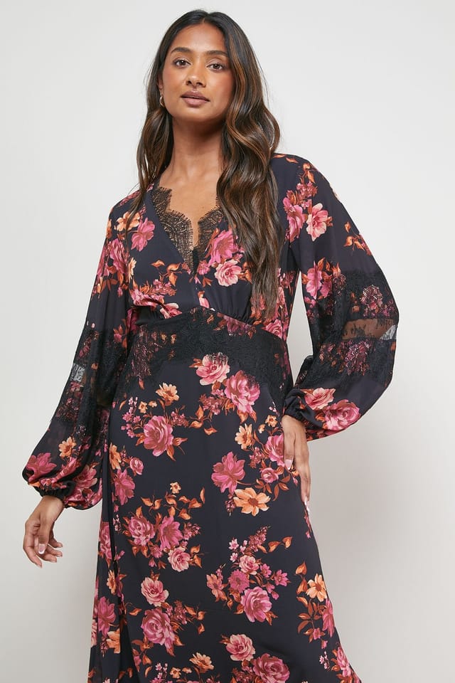 Oasis Oasis Women's Printed Lace Insert Bias Midi Dress in Floral - 2