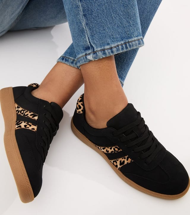 New Look Women's Black Faux Suede Leopard Side Stripe Trainers Vegan New Look - 2