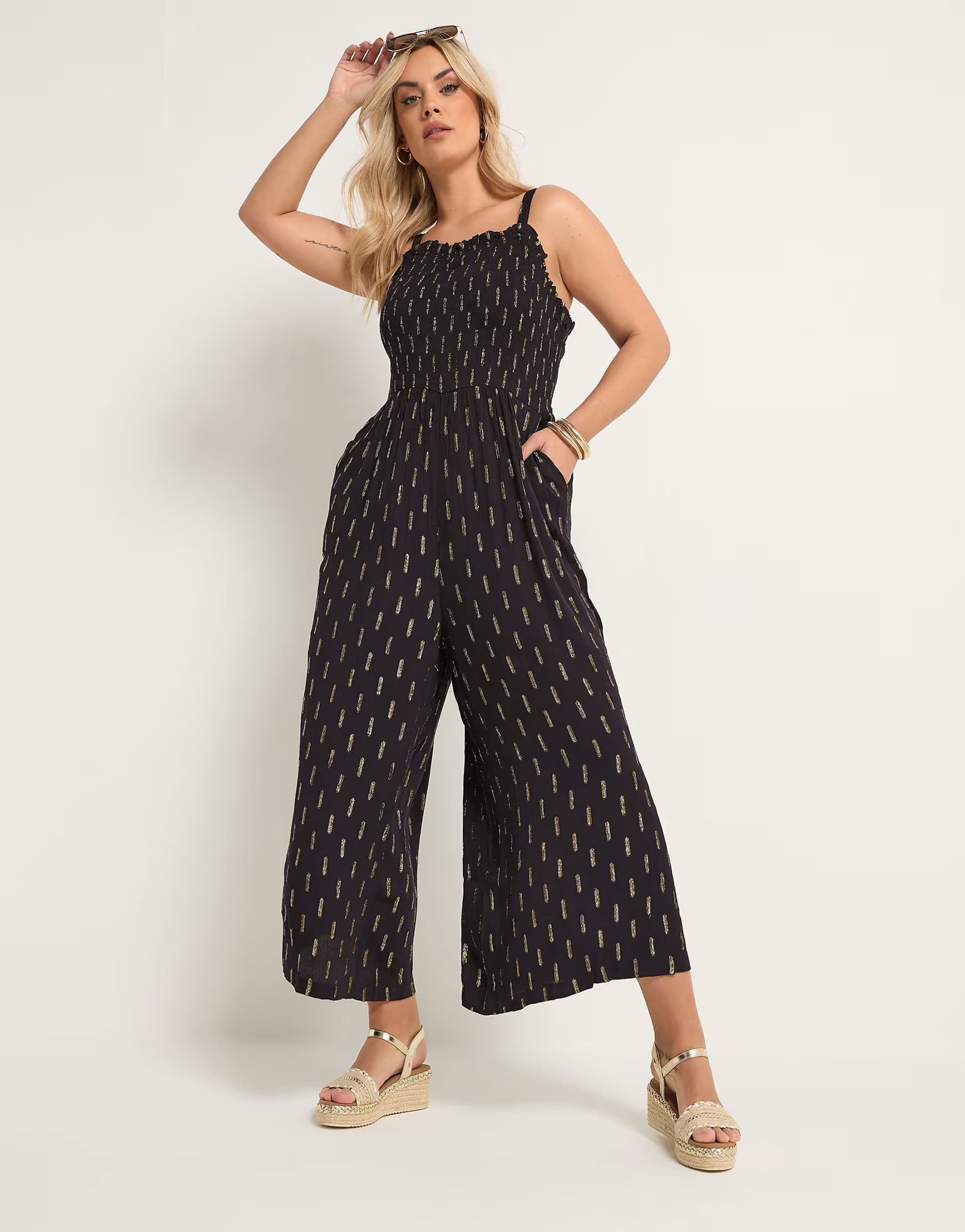 ASOS Yours Clothing Metallic wide leg jumpsuit in black