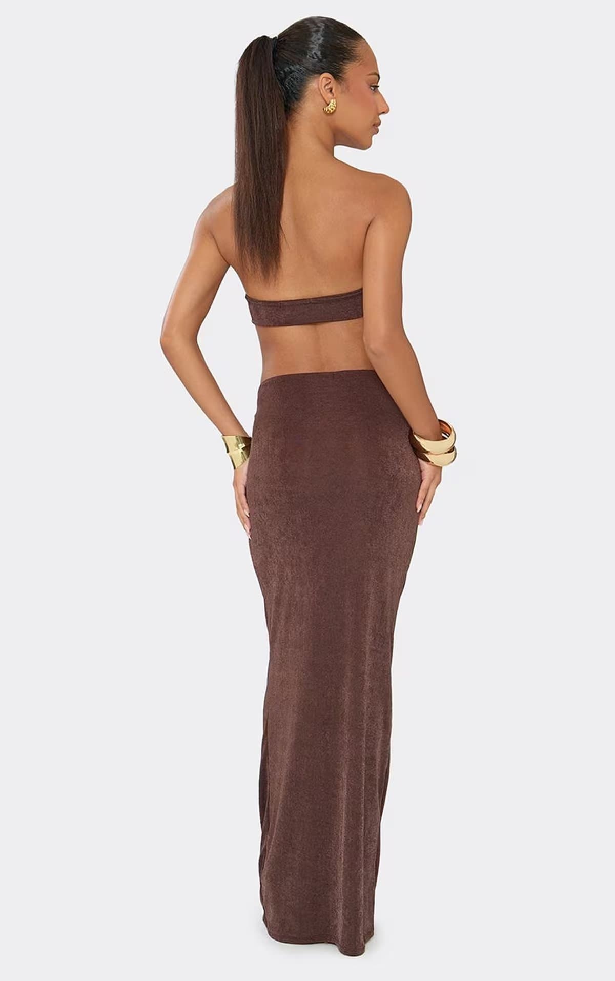 EGO Low Rise Ruched Front Detail Maxi Skirt In Chocolate Brown, Women's Size UK 6