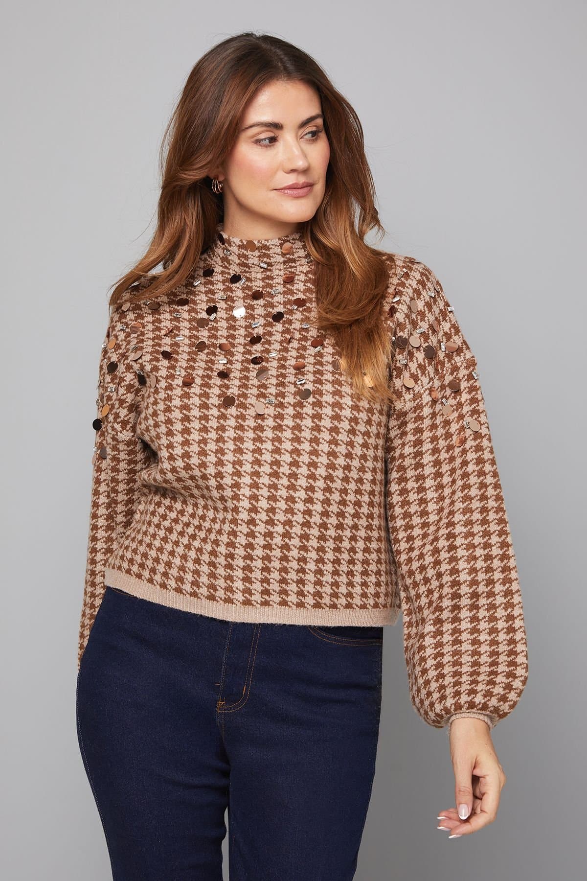 Wallis Wallis Women's Check Sequin Knitted Jumper in Brown