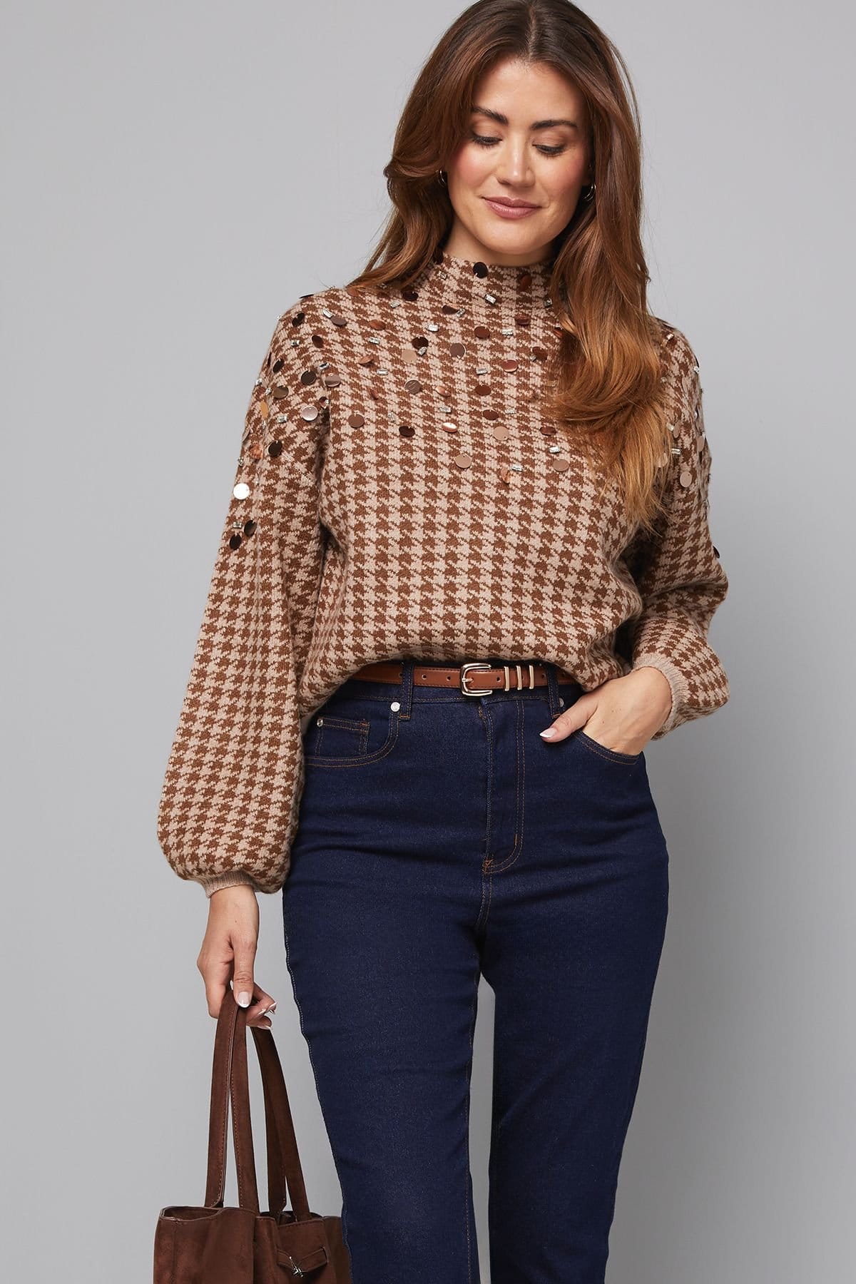 Wallis Wallis Women's Check Sequin Knitted Jumper in Brown - 4