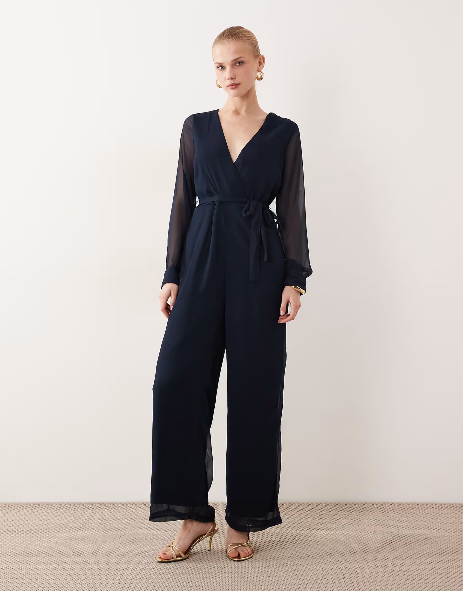 ASOS Vila v neck tie waist chiffon jumpsuit in navy