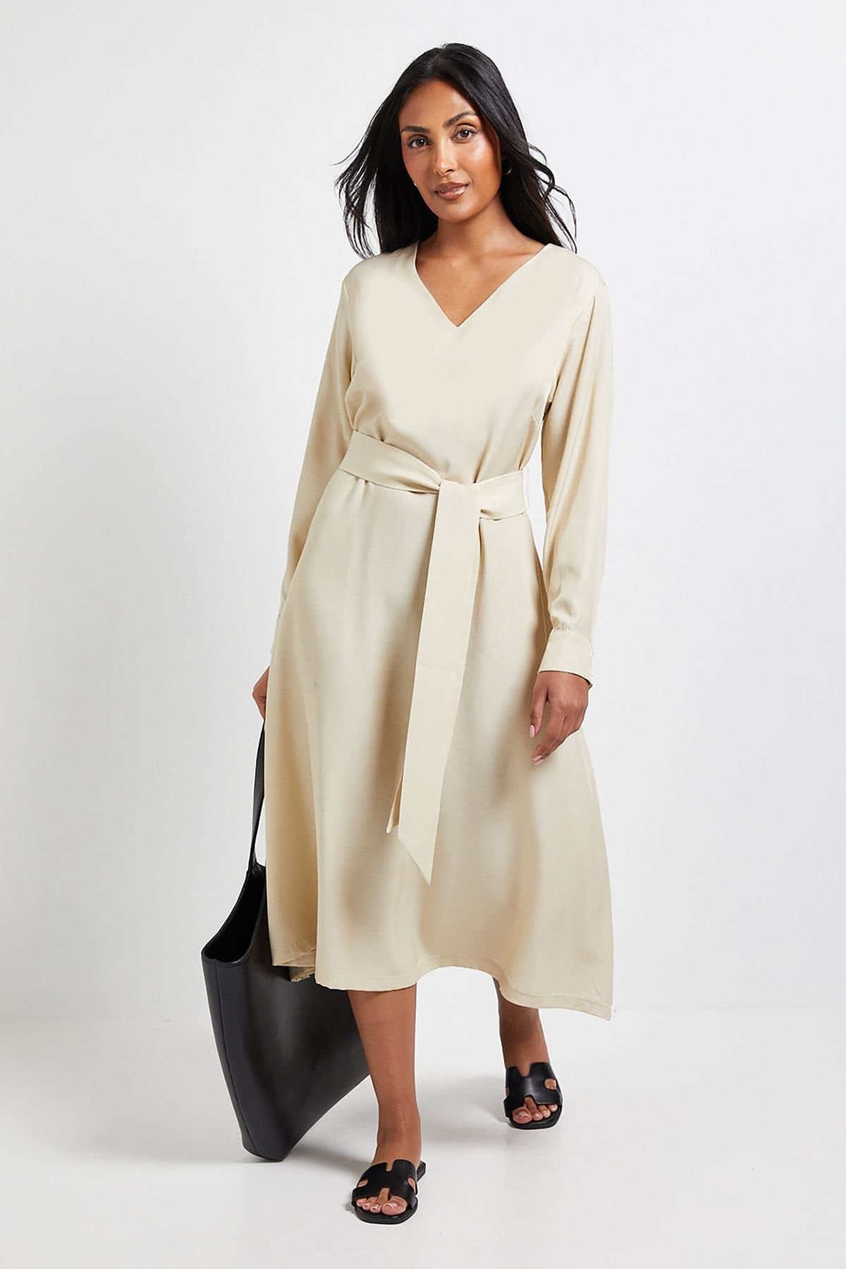 Wallis Wallis Women's Petite Denim Look Tie Waist Midi Dress in Stone