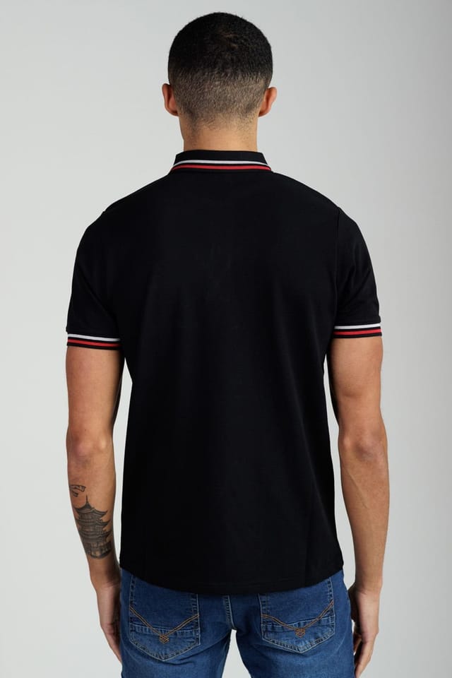 Foray Foray Men's Short Sleeve Cotton Pique Tipped Polo Shirt in Black - 2