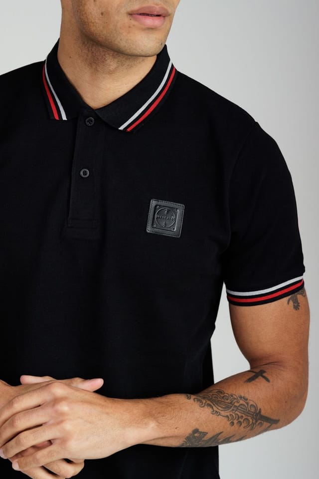 Foray Foray Men's Short Sleeve Cotton Pique Tipped Polo Shirt in Black - 3