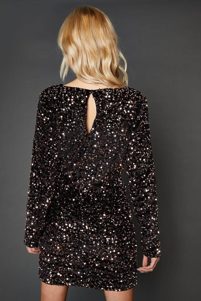 Dorothy Perkins Dorothy Perkins Women's Bronze Ruched Velvet Sequin Mini Dress - 3