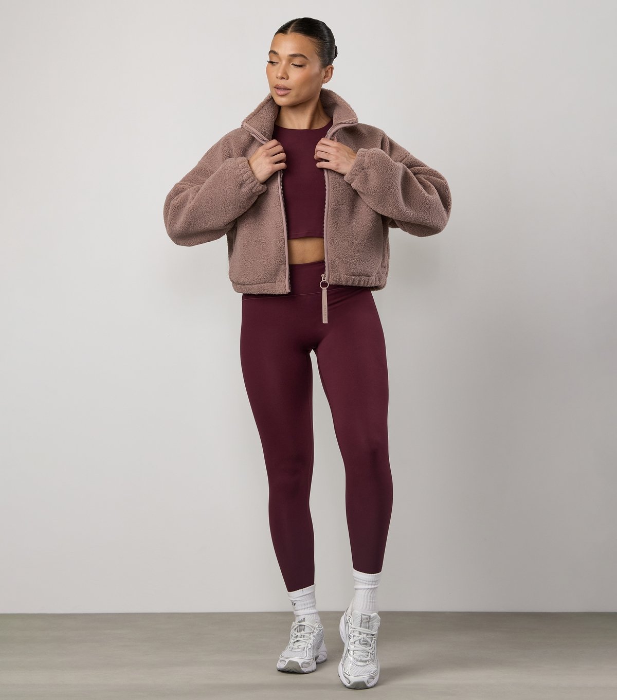 Gym King Women's Mid Brown Cropped Borg Full Zip Jumper Gym King New Look - 2